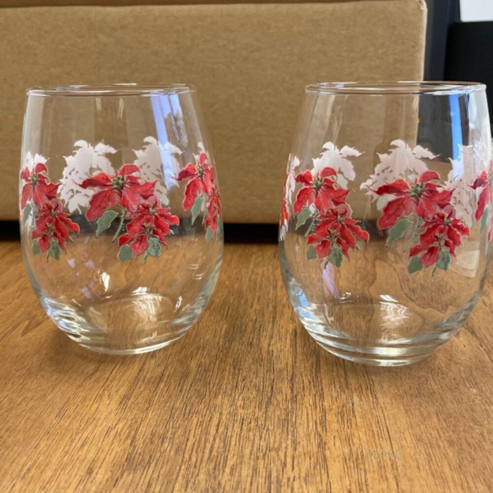 Smithsonian Stemless Wine Glasses - Poinsettias - NEW